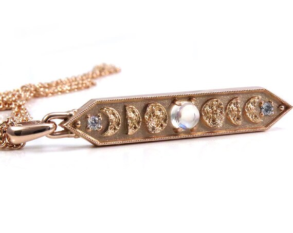 14k Rose Gold and Moonstone Moon Phase Bar Pendant with Diamonds - Celestial Necklace