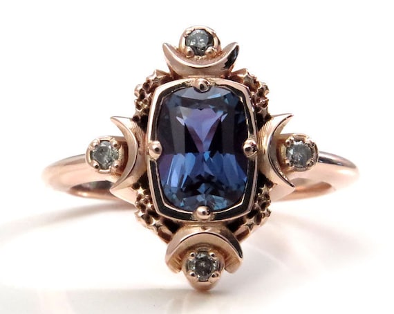 Artemis Moon Engagement Ring with Chatham Alexandrite Cushion and Salt & Pepper Diamonds - Goddess Engagement