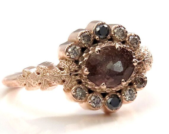 POISON PLANT - Oregon Sunstone Oval & Diamond Halo Ring with Poison Leaves - Ready to Ship - Size 6 - 8