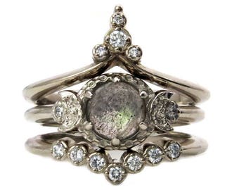 White Moon Temple Engagement Ring Set - Rose Cut Labradorite with White Diamond Stacking Wedding Bands