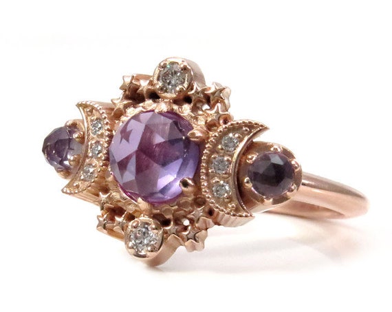 Rose Cut Lab Alexandrite Moon Engagement Ring - Rose Gold Boho Fine Handmade Jewelry