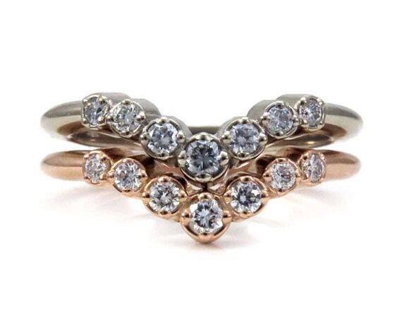 Graduated Diamond Chevron Wedding Band - Black or White Diamonds