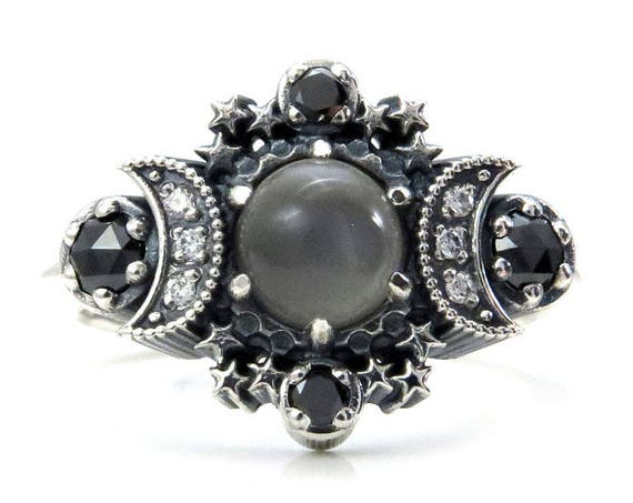 Grey Moonstone Cosmos Moon and Star Ring - Sterling Silver with Black Diamonds