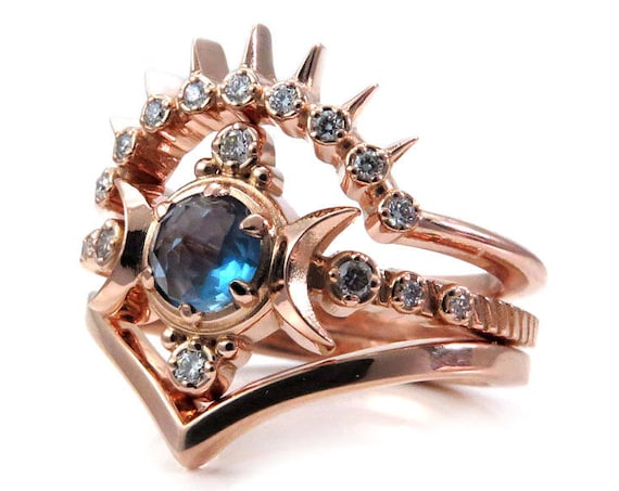 London Blue Topaz Moon Goddess Engagement Ring Set with Sunray and Chevron Wedding Bands