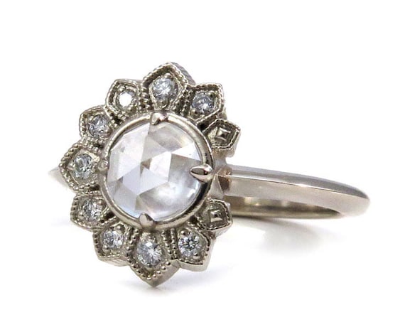 White Topaz Eclipse Engagement Ring with White Diamonds - 14k Palladium White Gold