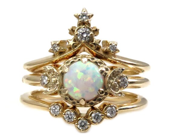 Starseed Moon Temple Engagement Ring Set - Lab Opal with Natural White Diamonds