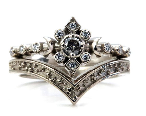 Gray and White Diamond Moon Ring with Stardust Chevron - SwankMetalsmithing Engagement Ring Set