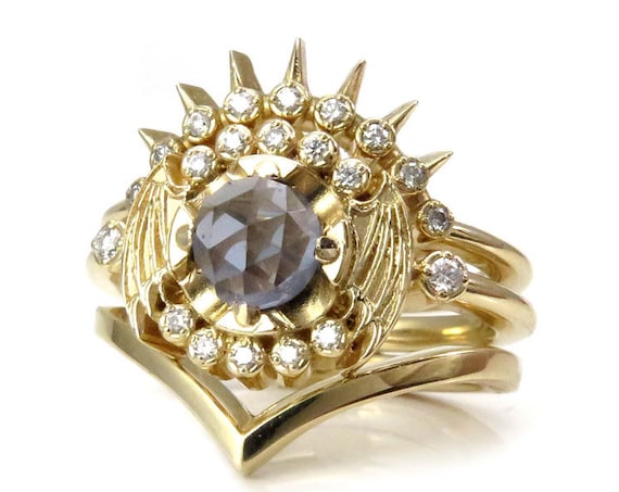 Bat Wing Engagement Ring Set with Blue Grey Quartz and White Diamond Halo with Spiked Diamond Wedding Band and Chevron