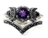 Hecate Triple Moon Ring Set - Pick Your Center Stone - Sterling Silver and Black Diamond Engagement