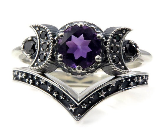 Hecate Triple Moon Ring Set - Pick Your Center Stone - Sterling Silver and Black Diamond Engagement
