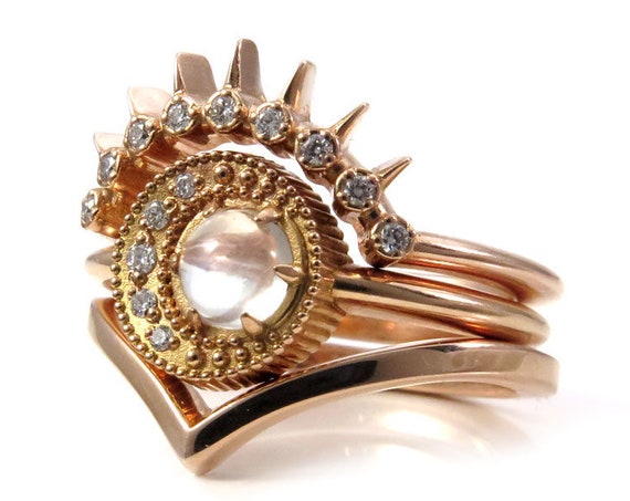Mini Moon Ring Set - Moonstone with a Diamond Crescent Moon with Sunray Wedding Band and gold Chevron