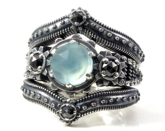 Ladies Steampunk Engagement Ring Set - Aqua Chalcedony and Black Diamond - Sterling Silver