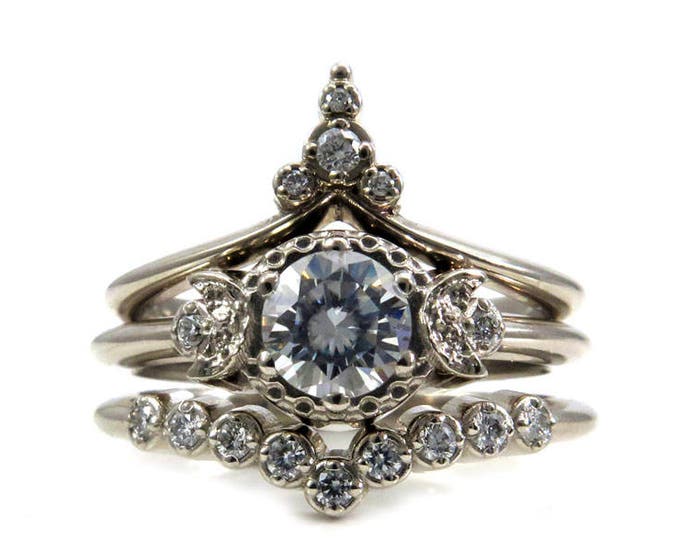 Temple of the Stargazer - Moon and Star Engagement Ring Set - Diamonds or Forever One Moissanite