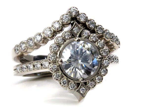Grey Moissanite and Diamond Art Deco Engagement Ring Set - 14k Gold Fine Jewelry