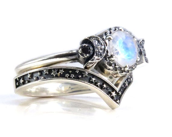 Moonstone Moon and Stars Sterling Silver Engagement Moon Ring Set with Black or White Diamonds