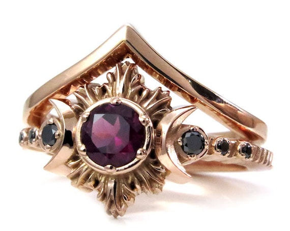 Rhodolite Garnet Moon Fire Engagement Ring Set - Triple Moon Goddess - 14k Rose Gold
