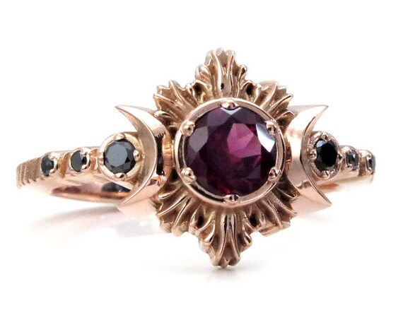 Rhodolite Garnet Moon Fire Gothic Engagement Ring with Black Diamonds