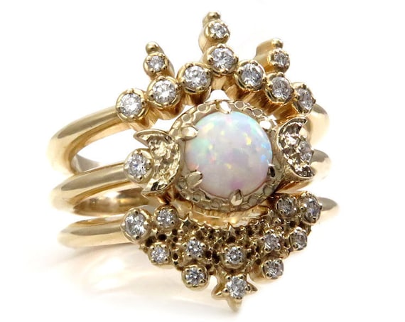 Lab Opal Moon and Star Engagement Ring Set - 14k Gold with Diamonds