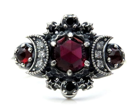 Rose Cut Garnet Cosmos Moon and Star Ring - Sterling Silver with Black & White Diamonds