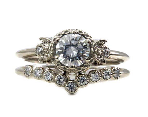 Stargazer Moon and Diamond Engagement Ring Set - Yellow, Rose or White Gold with Diamonds or Moissanite