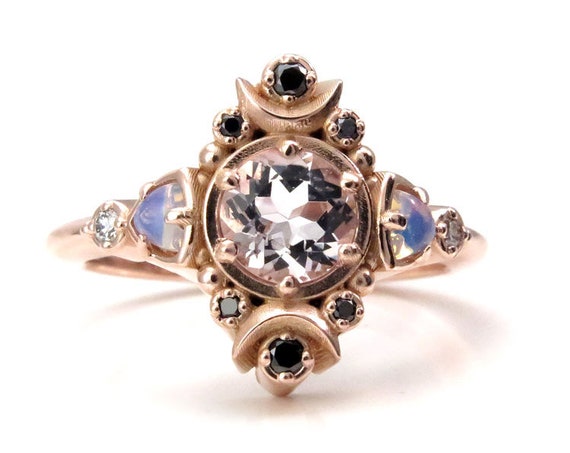 Moon Empress Engagement Ring - Morganite with Opalite Trillions and Black and White Diamonds