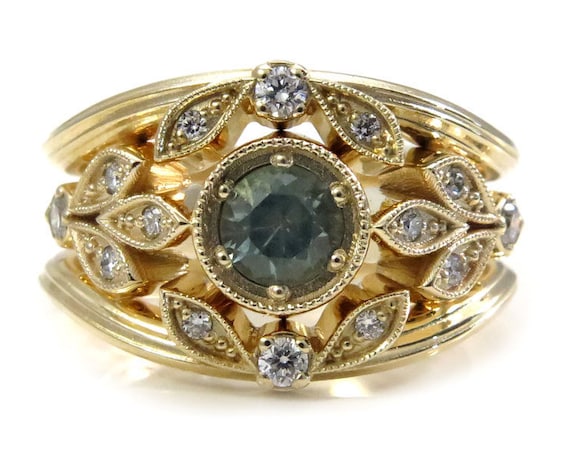 Ready to Ship Size 5 - 7 - Art Deco Mint Sapphire and Diamond Branch and Diamond Leaf Engagement Ring Set - 14k Yellow Gold