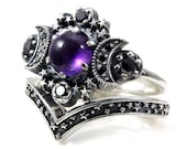 Amethyst Cosmos Moon Engagement Ring with Silver Stardust Chevron Wedding Band