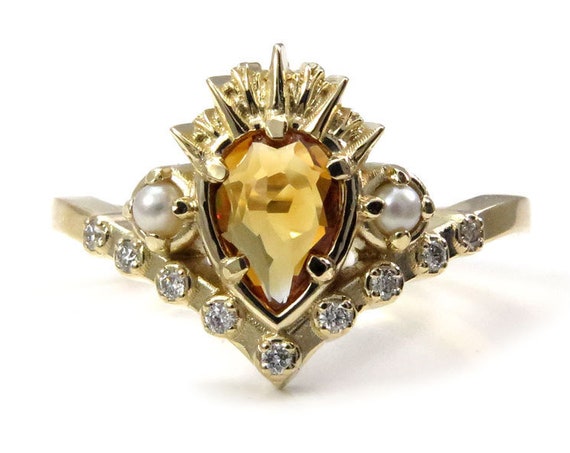 Ursula the Sea Witch Citrine Engagement Ring with Seed Pearls and Diamonds