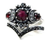 Garnet Cosmos Moon Engagement Ring Set Triple Moon Goddess Silver Ring with Stardust Chevron Wedding Band