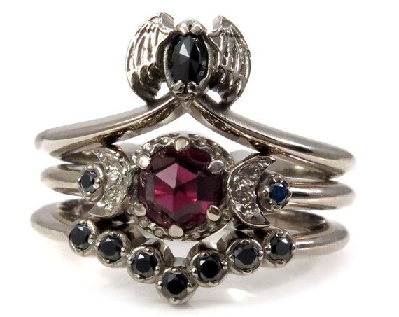 Bat & Blood Moon Engagement Ring Set - Gothic Wedding Rings - 14k Palladium White Gold