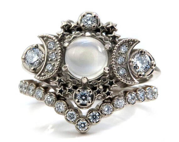 Moonstone Moon and Star Engagement Ring Set - Diamond Boho 14k Gold Stacking Rings