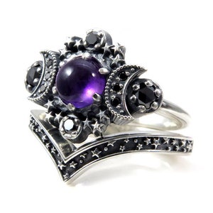 Amethyst Engagement Ring Cosmos Moon Set Sterling Silver Stardust Chevron Wedding Band Black Diamonds Gothic Pagan Witchy Wedding Rings
