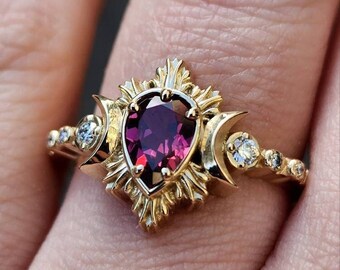 Pear Rhodolite Garnet Engagement Ring with Crescent Moons and Diamonds - Moon Fire Celestial 14k Yellow Gold Wedding Ring