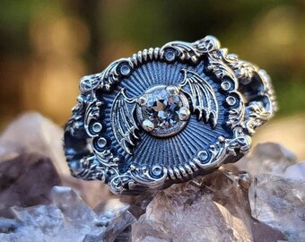 Silver Bat Signet Ring with Gray Spinel, Gothic Victorian Baroque Antique Inspired Engagement Ring Drawlloween - Baturday
