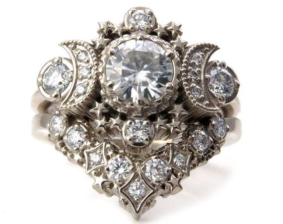 Diamond Cosmos Moon Engagement Ring Set - Moissanite or Diamonds Custom Wedding Rings