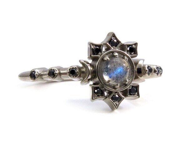 Orion Moon Ring - Labradorite and Black Diamond Lunar Engagement Ring