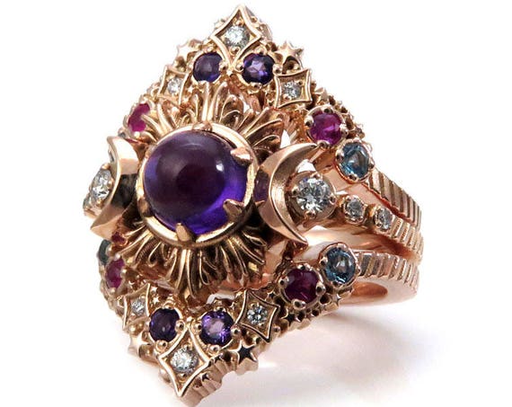 Amethyst Nebula Engagement Ring Set - Stardust Chevrons and Crescent Moons