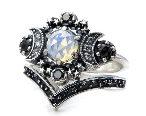 Opalite Quartz Cosmos Moon Engagement Ring Set Triple Moon Goddess Silver Ring with Stardust Chevron Wedding Band