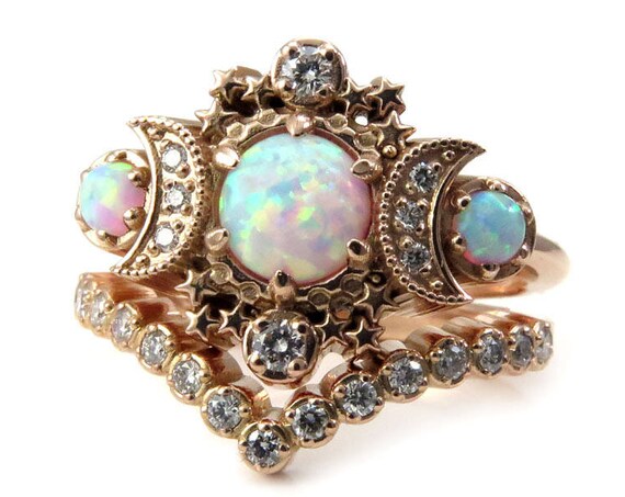 Lab Opal Cosmos Rose Gold Moon Engagement Ring - Bohemain Diamond Wedding Set
