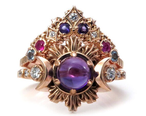 Amethyst Moon Fire Engagement Ring with Nebula Stardust Chevron - Boho Wedding Ring Set