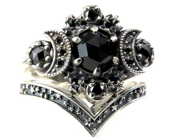 Gothic Cosmos Moon Engagement Ring Set Silver Moon and Stardust Chevron Wedding Band