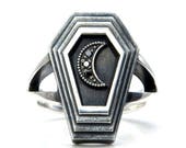 Ready to Ship Size 6-8 - Dark Moon Coffin - Sterling Silver Mourning Ring with Black Diamond Crescent