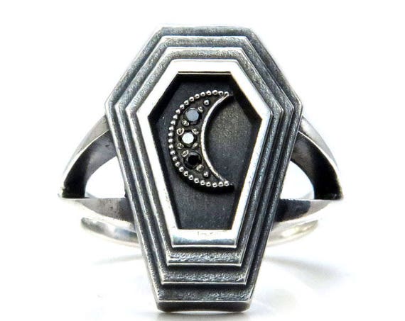Ready to Ship Size 6-8 - Dark Moon Coffin - Sterling Silver Mourning Ring with Black Diamond Crescent