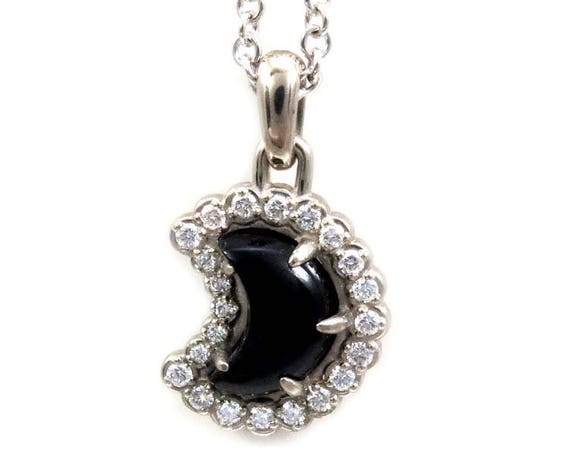 Onyx and Diamond Crescent Moon Pendant - 14k Palladium White Gold - Ready to Ship