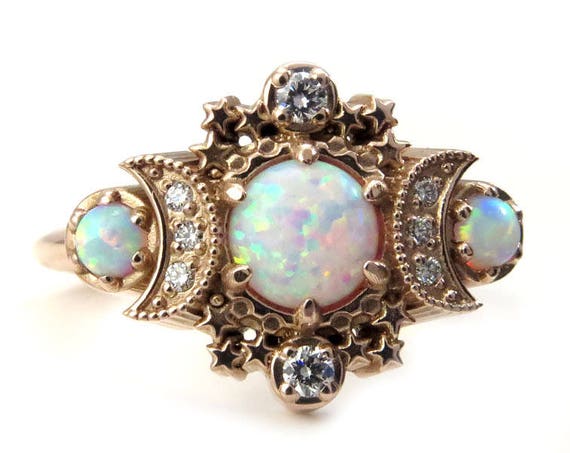 Lab Opal Cosmos Moon Engagement Ring - Rose Gold Celestial 3 Stone Diamond Ring