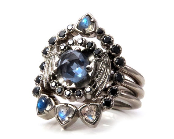 Bat Wing Engagement Ring Set - Modern Gothic Victorian Grey Quartz, Labradorite and Black Diamonds