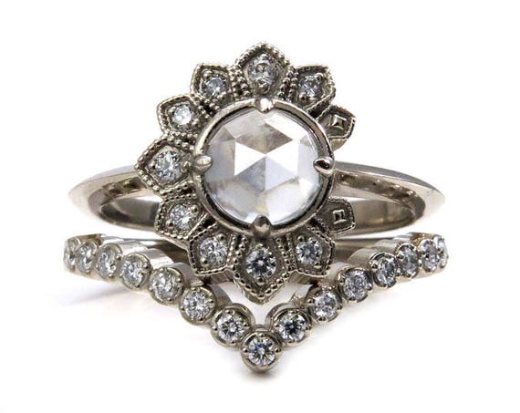 White Topaz Eclipse Engagement Ring Set with White Diamond Pave Chevron Wedding Band - 14k Palladium White Gold
