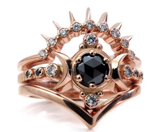 Black and White Diamond Moon Goddess Engagement Ring Set with Sunray and Chevron Wedding Bands