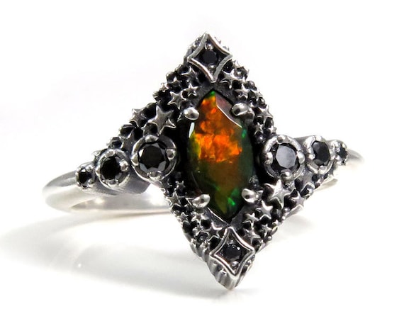 Black Opal Marquise Constellation Engagement Ring - Silver Celestial Black Diamond Cluster Ring - Pick Your Center Stone