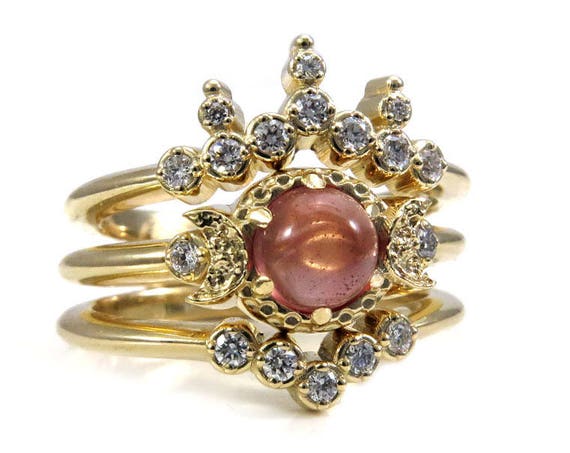 Oregon Sunstone Gold Moon Goddess Engagement Ring Set with Diamond Wedding Bands